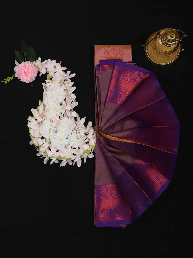 Beige Floral Butta Design Soft Silk Saree With Contrast Purple Zari Border 1