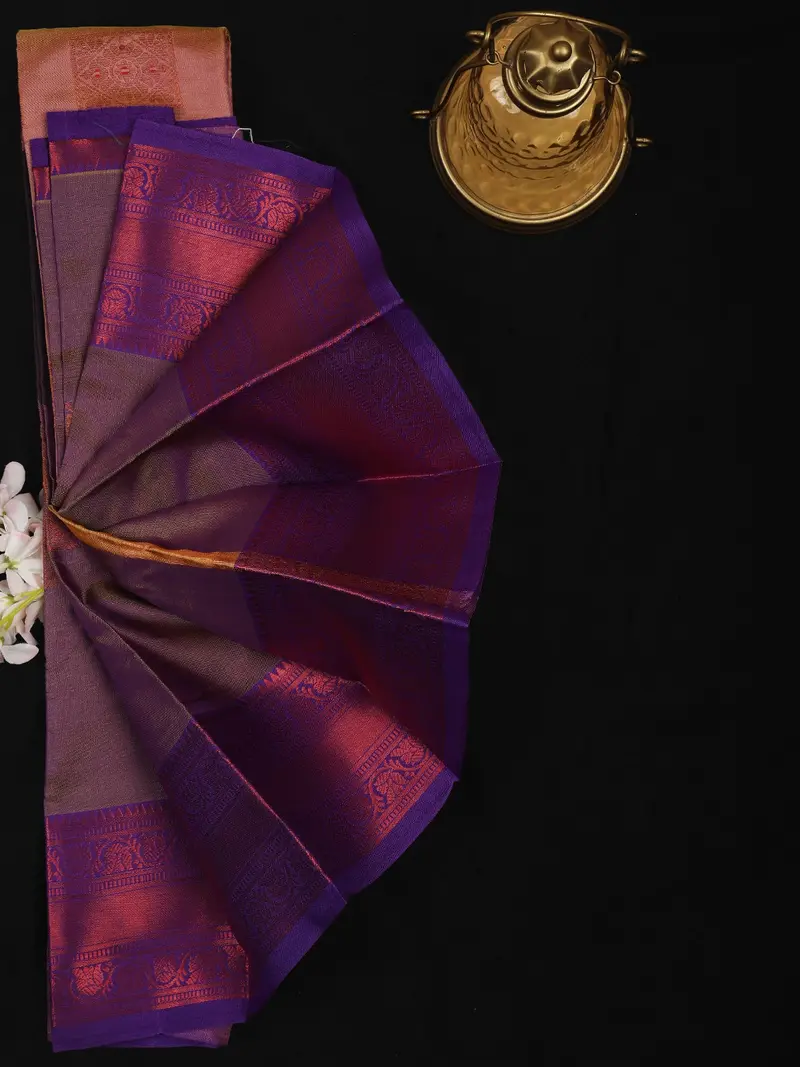 Beige Floral Butta Design Soft Silk Saree With Contrast Purple Zari Border 2