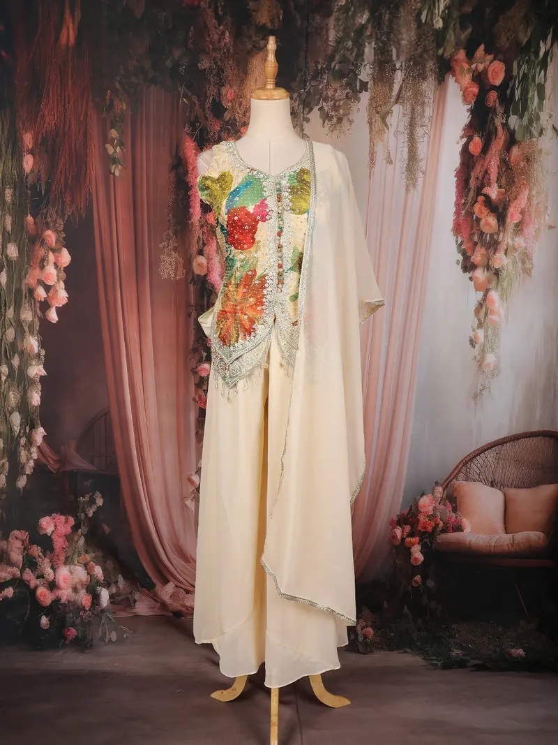 Beige Floral Design Chiffon Palazzo Suit 1