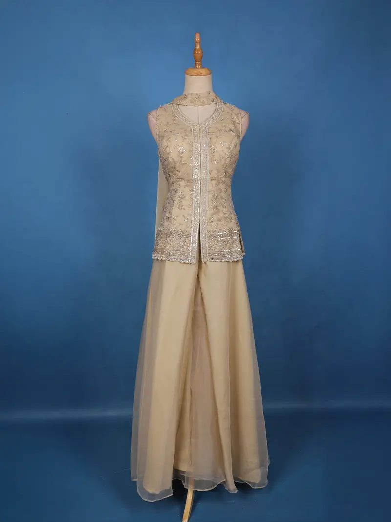 Beige Floral Design Organza Palazzo Suit 1