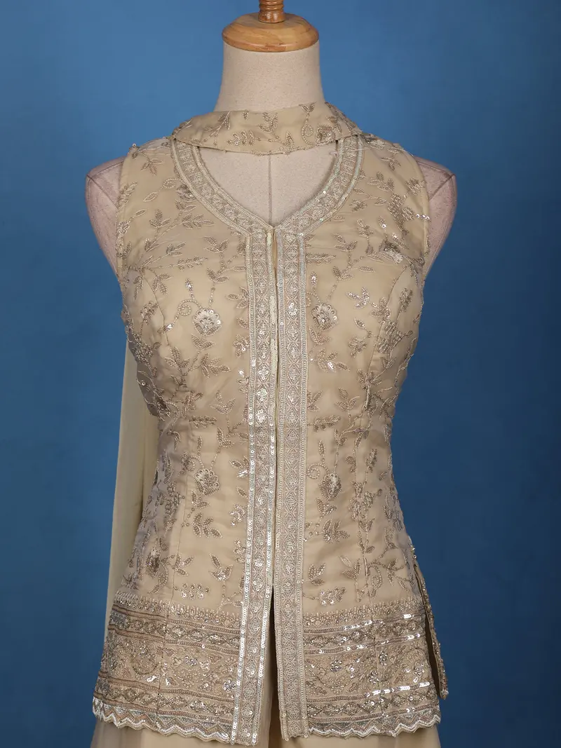 Beige Floral Design Organza Palazzo Suit 2