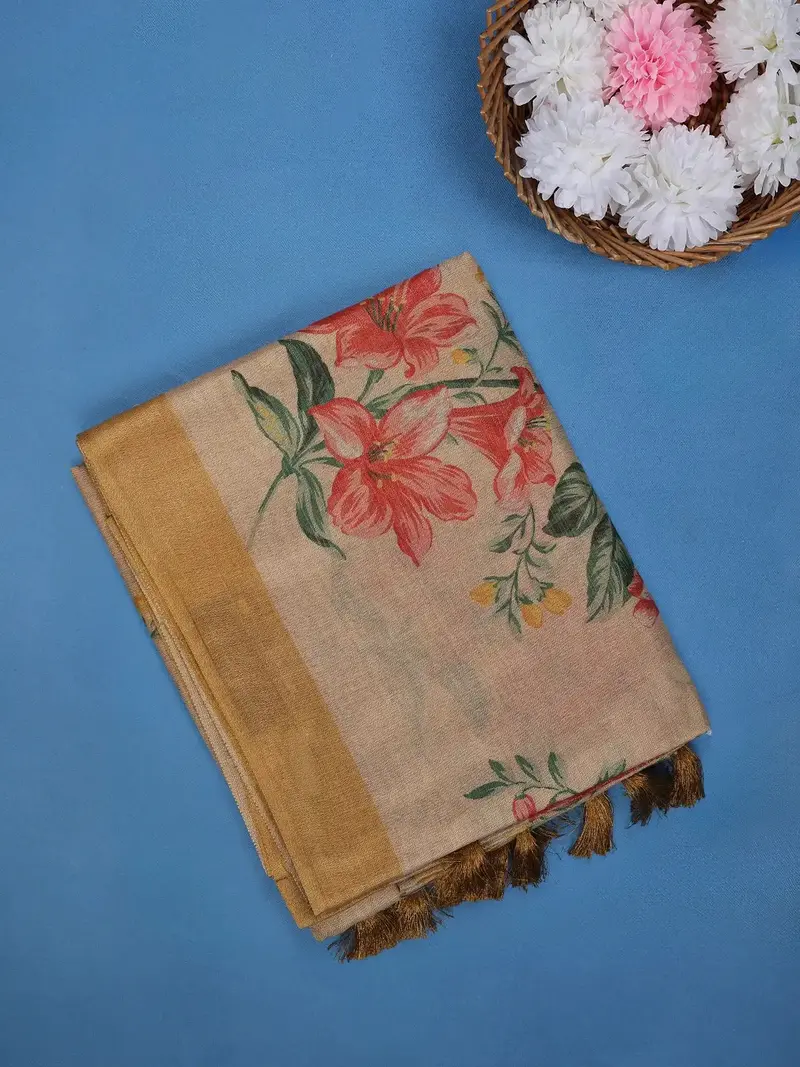 Beige Floral Design Semi Tissue Saree 1