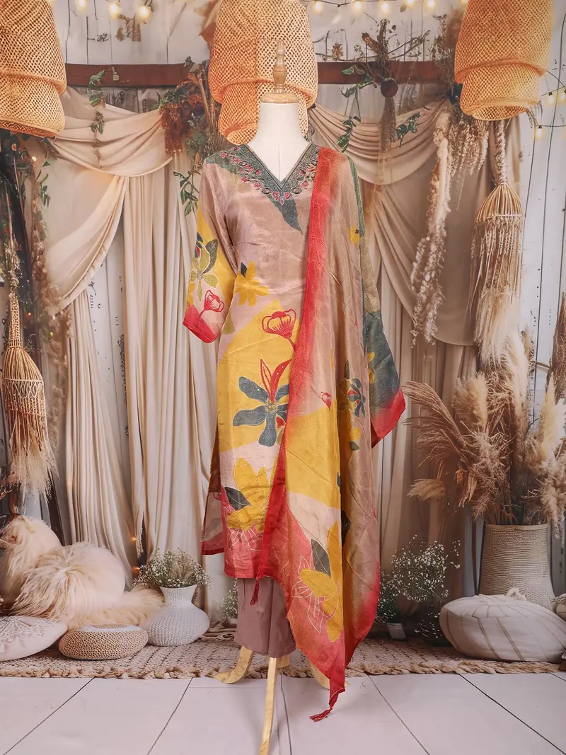 Beige Floral Design Tissue Silk Straight Cut Salwar Suit With Dupatta 1