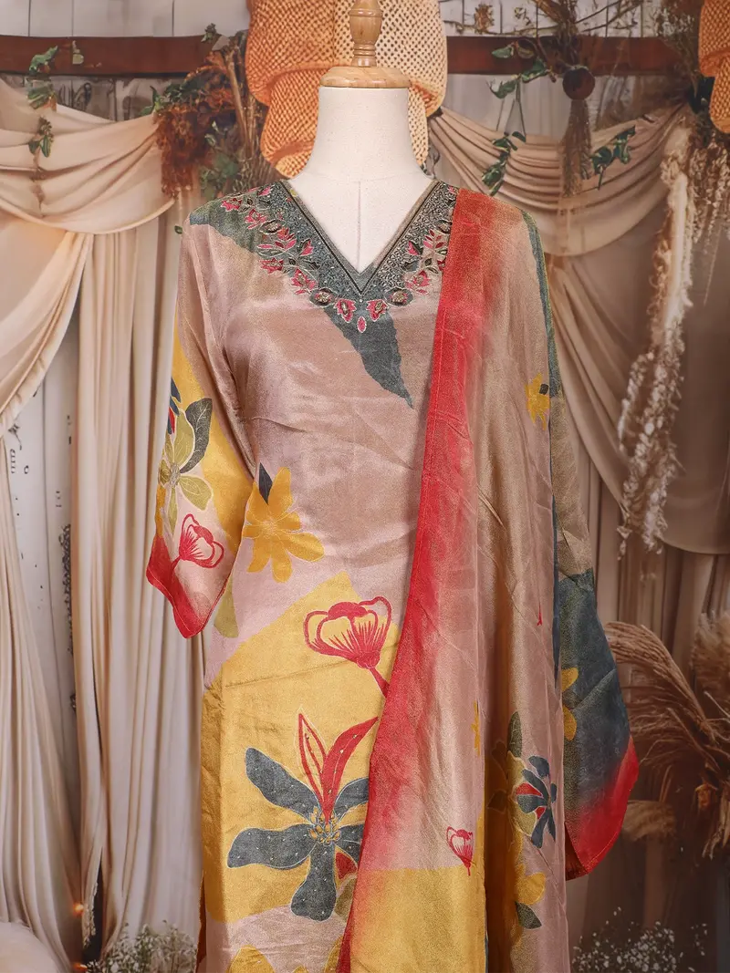 Beige Floral Design Tissue Silk Straight Cut Salwar Suit With Dupatta 2