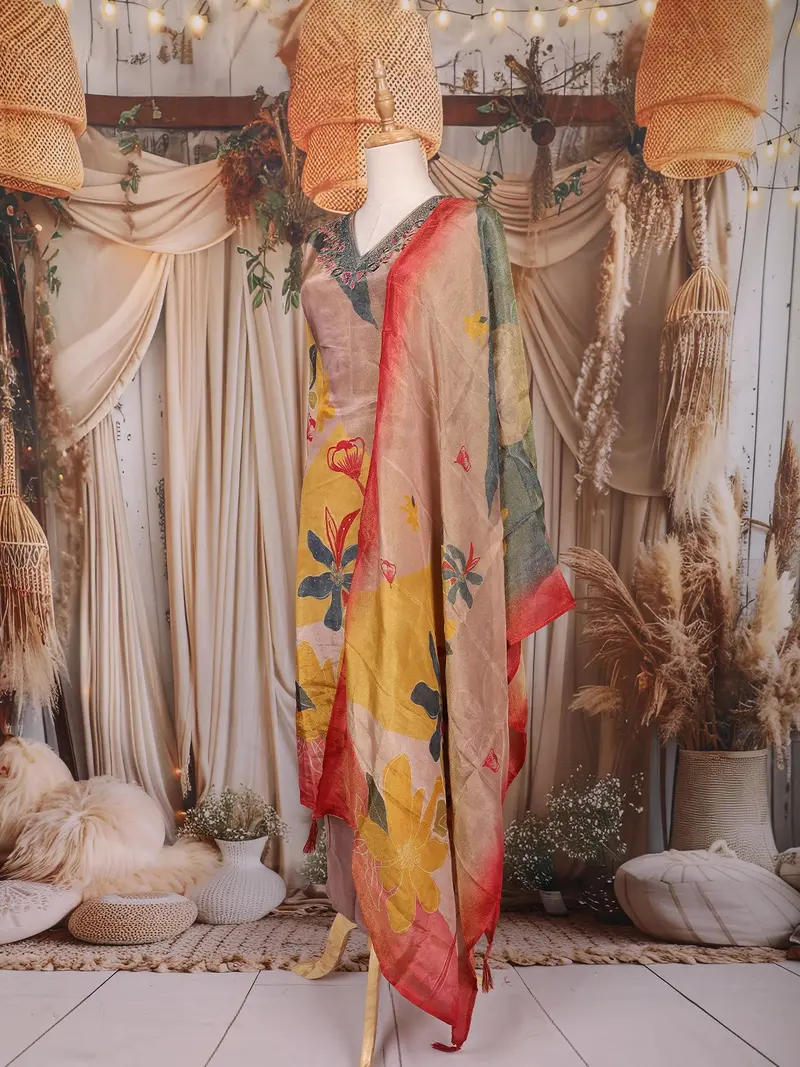 Beige Floral Design Tissue Silk Straight Cut Salwar Suit With Dupatta 3