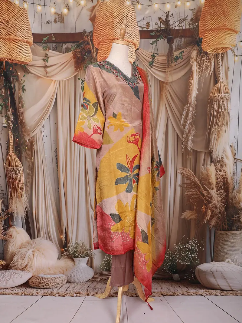 Beige Floral Design Tissue Silk Straight Cut Salwar Suit With Dupatta 4
