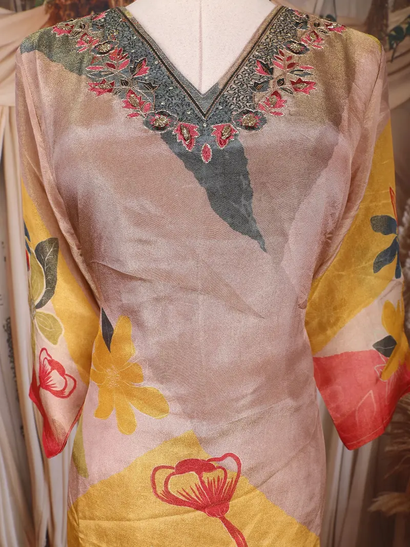 Beige Floral Design Tissue Silk Straight Cut Salwar Suit With Dupatta 5