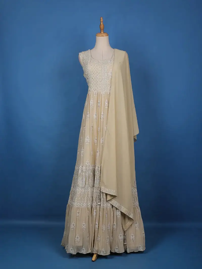 Beige Floral Designed Anarkali Georgette Gown 1