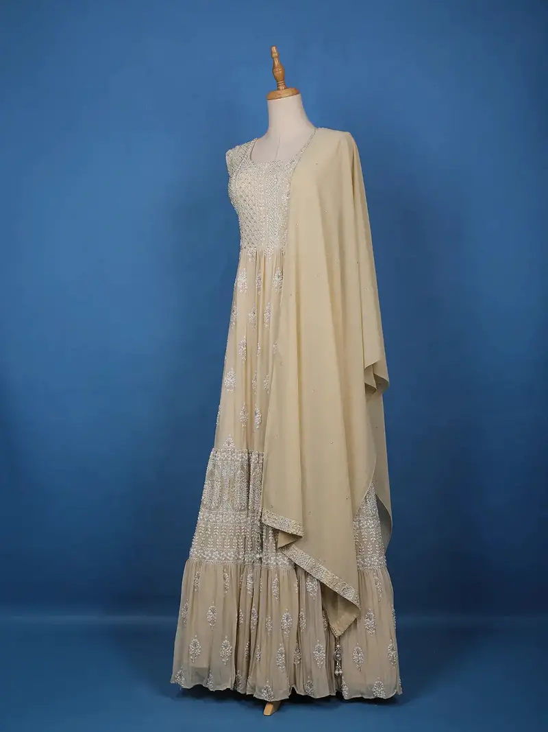 Beige Floral Designed Anarkali Georgette Gown 2