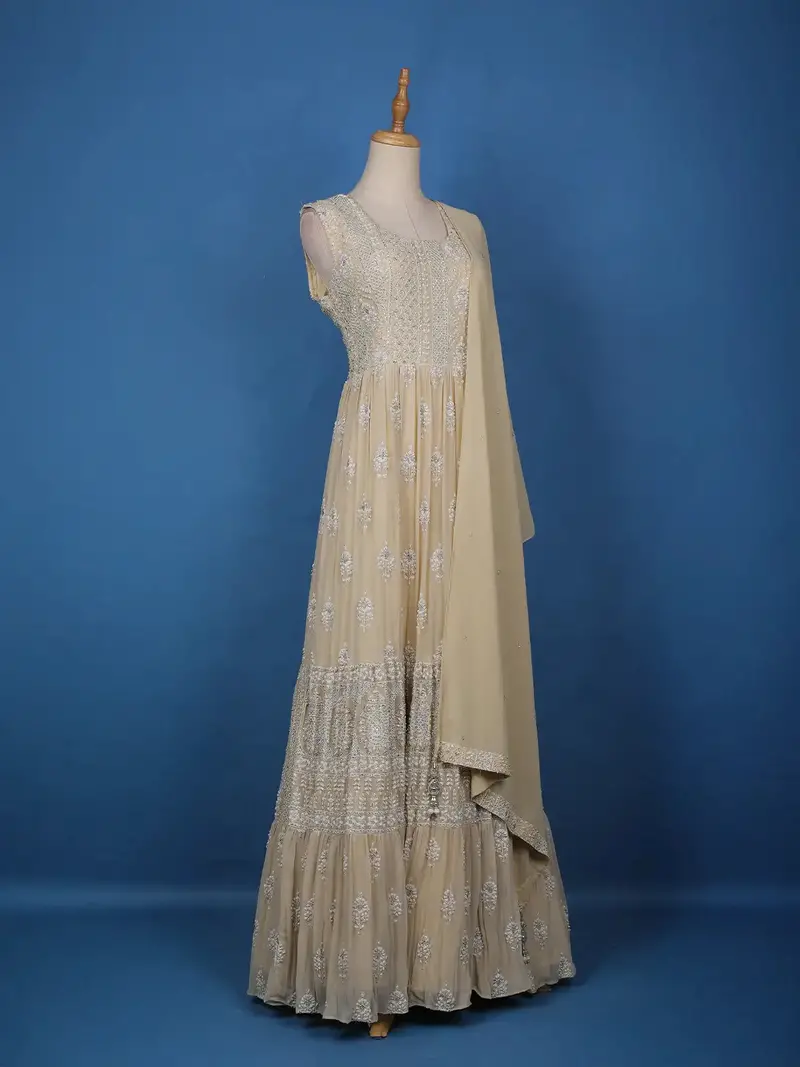 Beige Floral Designed Anarkali Georgette Gown 3