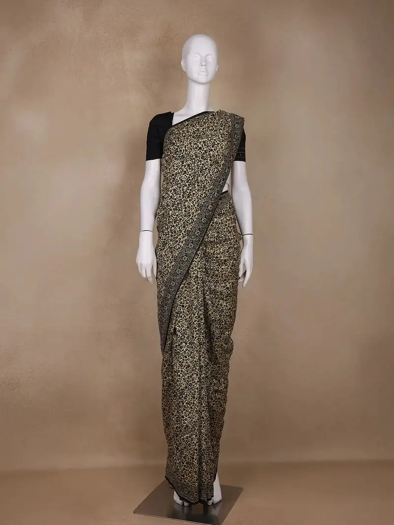 Beige Floral Designed Chanderi Cotton Saree 1