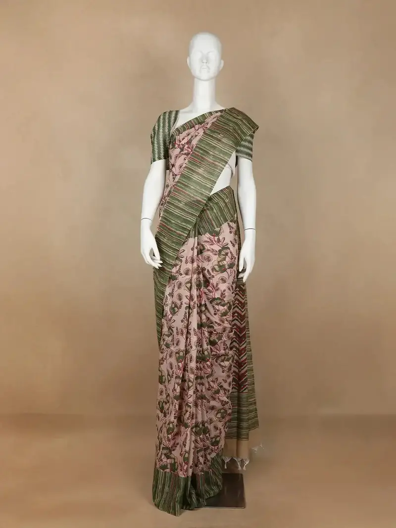 Beige Floral Designed Cotton Fancy Saree 1