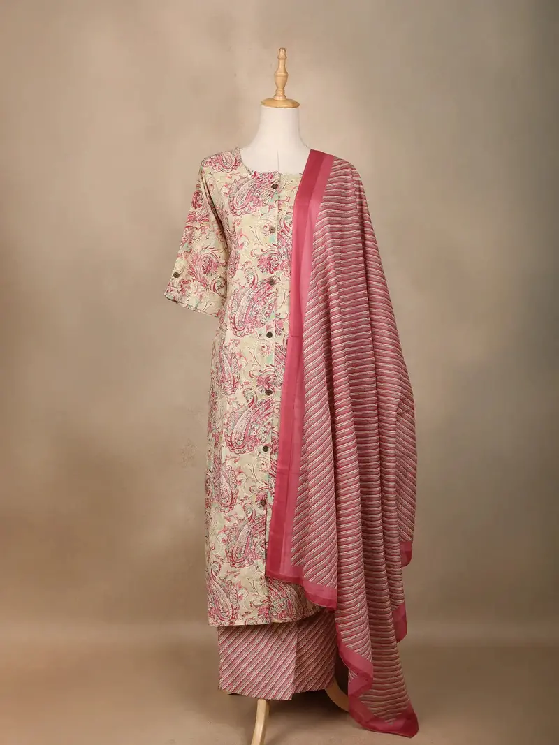 Beige Floral Designed Cotton Salwar Suit 1