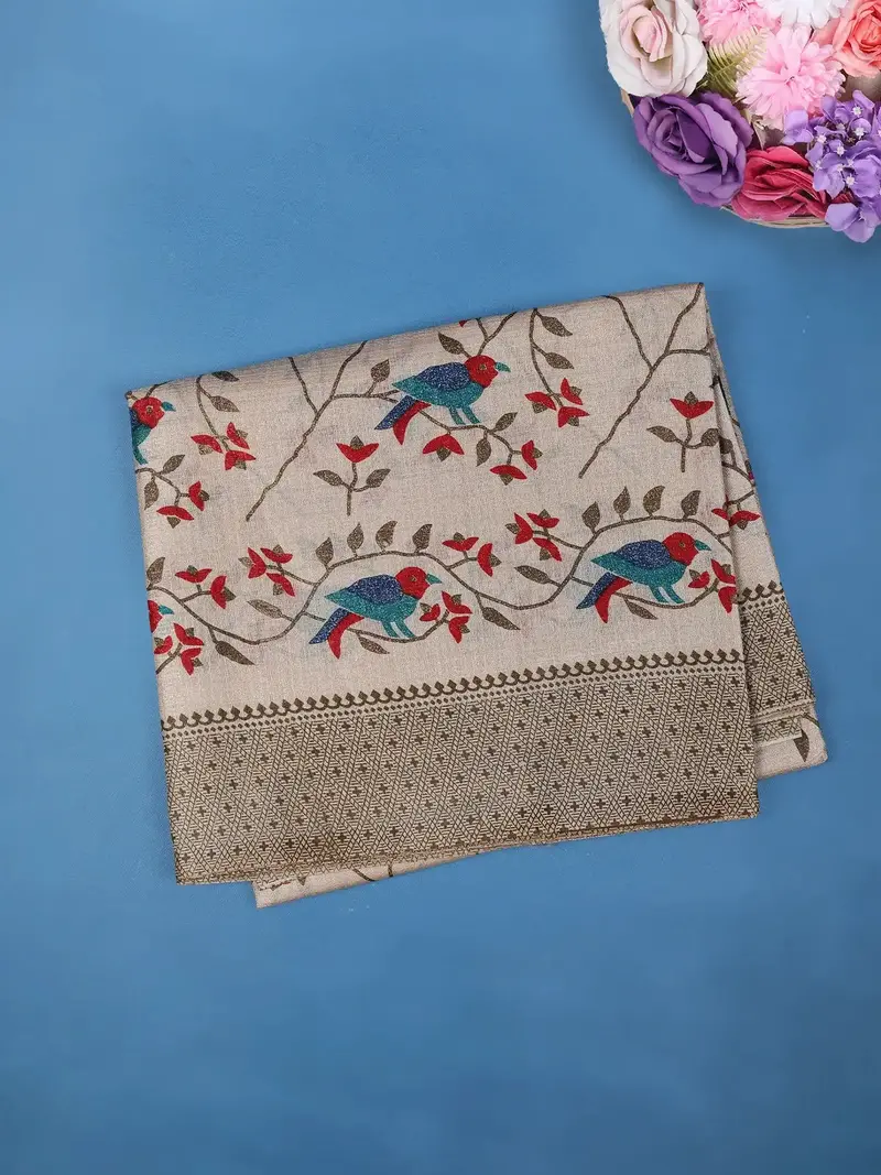 Beige Floral Designed Fancy Cotton Saree 1