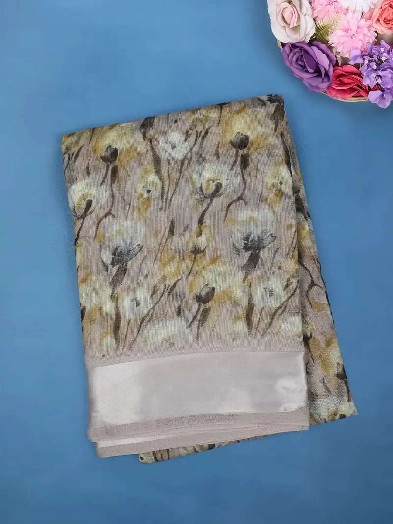 Beige Floral Designed Fancy Cotton Saree 1