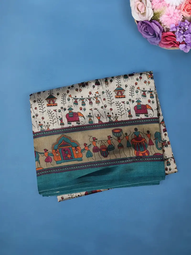 Beige Floral Designed Fancy Cotton Saree 1