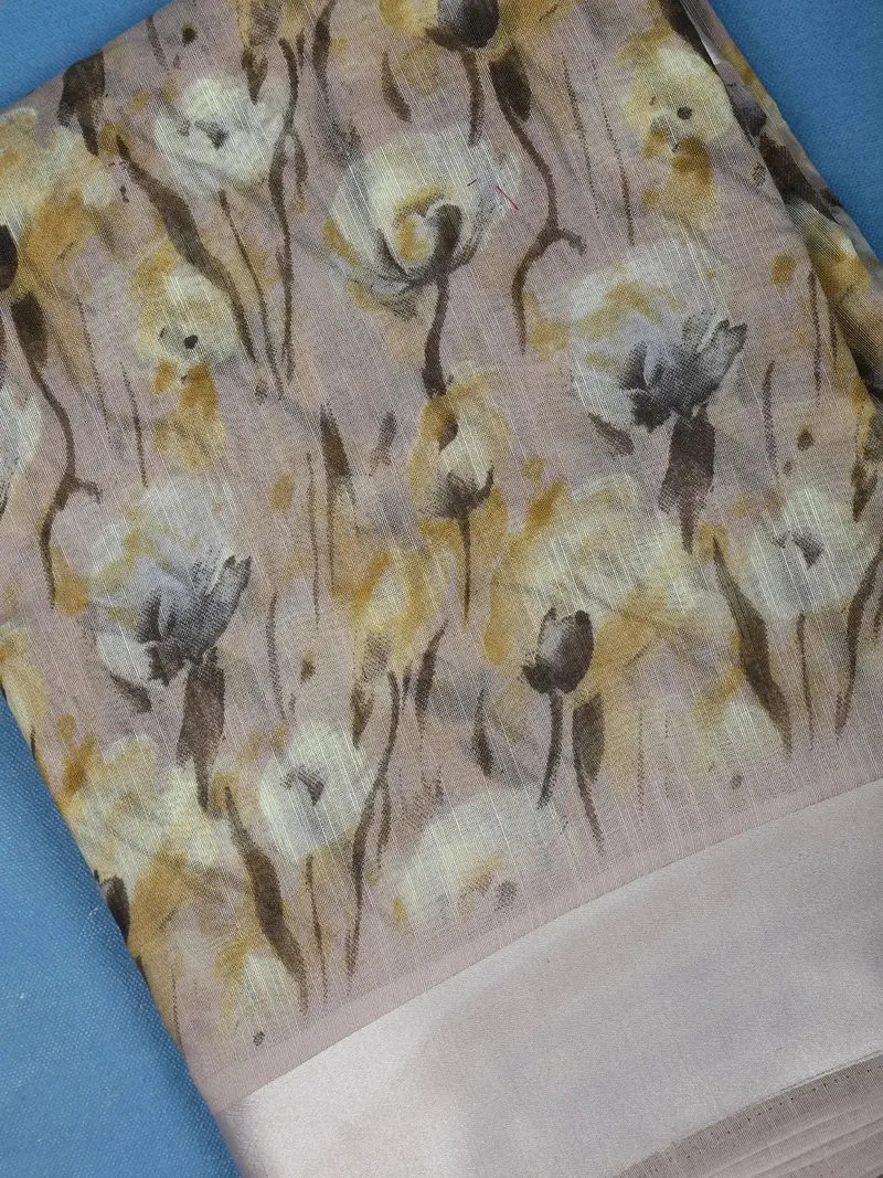 Beige Floral Designed Fancy Cotton Saree 2