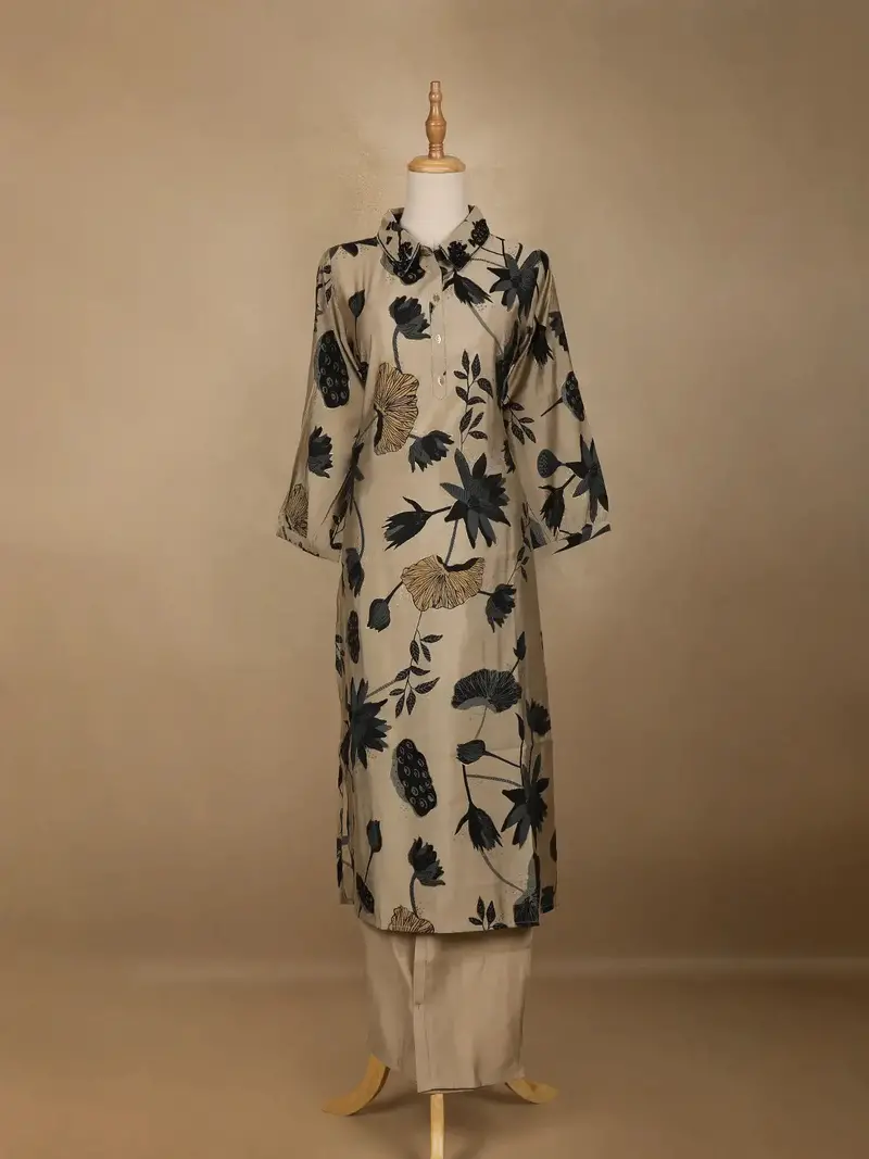 Beige Floral Designed Semi Silk Salwar Suit 1