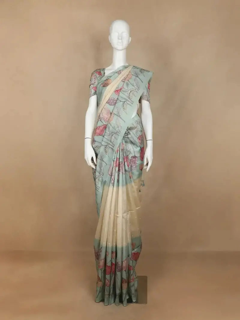 Beige Floral Designed Semi Tussar Silk Saree 1