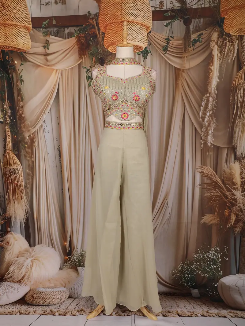 Beige Floral Embroidered Design Chiffon Palazzo Suit 1