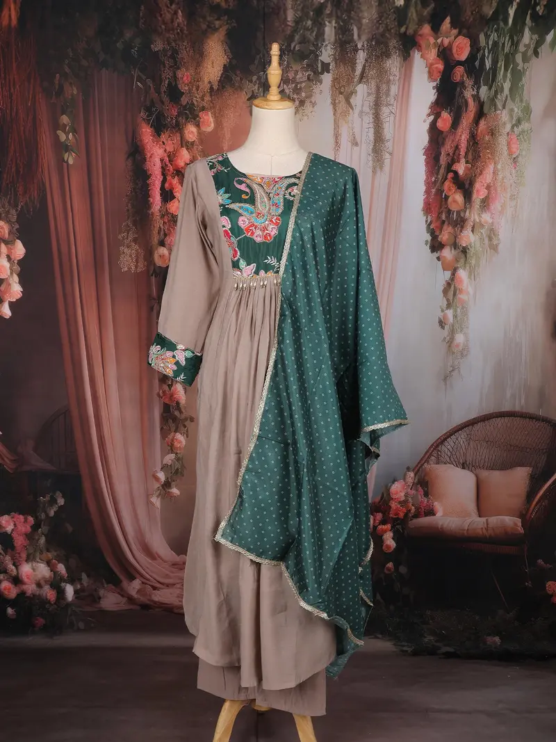 Beige Floral Embroidered Design Cotton Anarkali Salwar Suit With Printed Dupatta 1