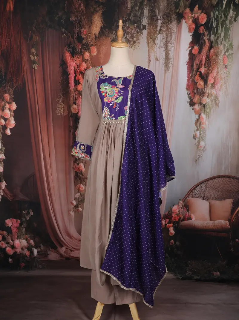 Beige Floral Embroidered Design Cotton Anarkali Salwar Suit With Printed Dupatta 1