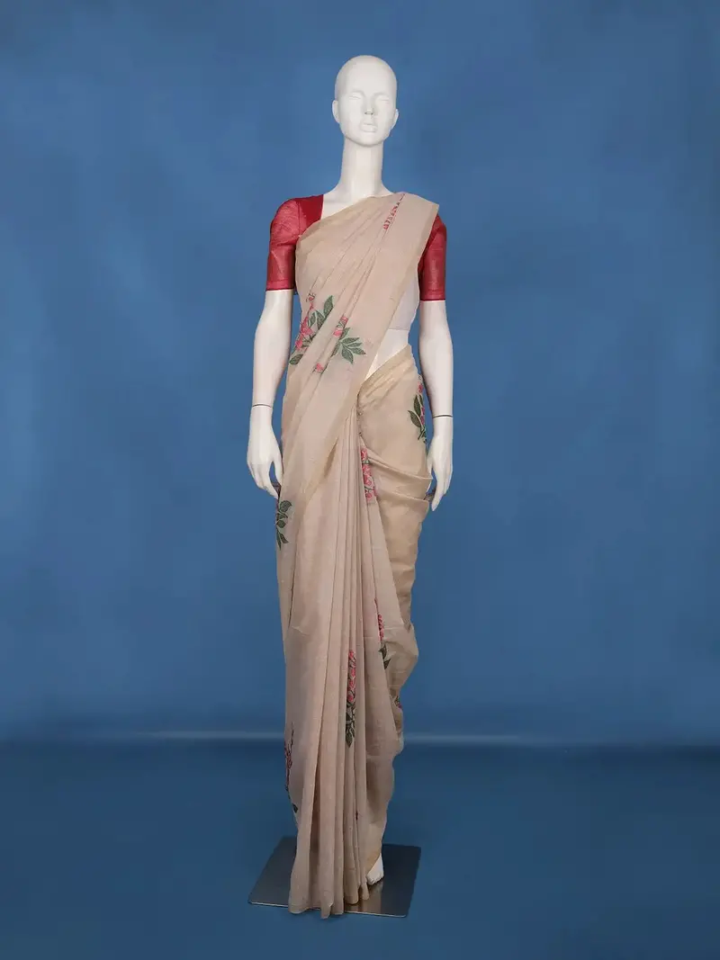 Beige Floral Embroidered Design Pure Cotton Saree 1