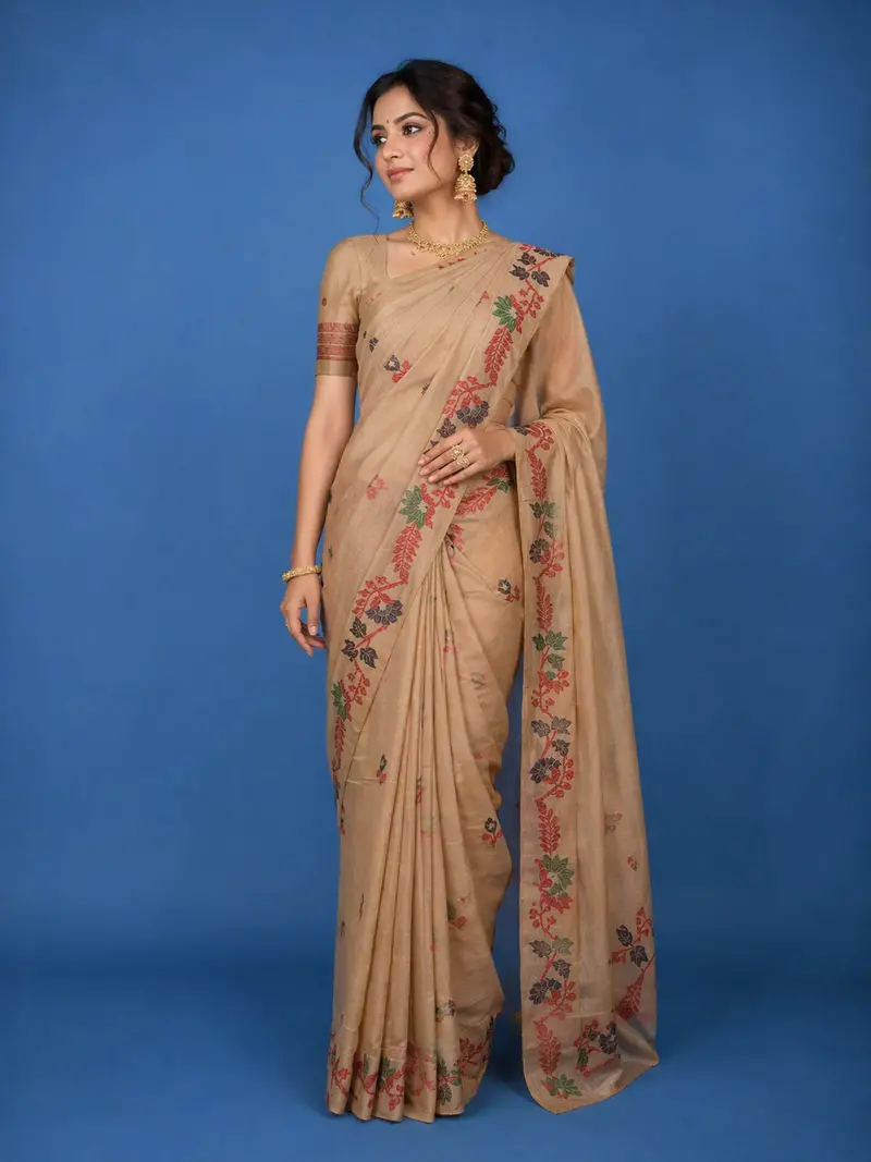 Beige Floral Embroidered Design Pure Cotton Saree 1