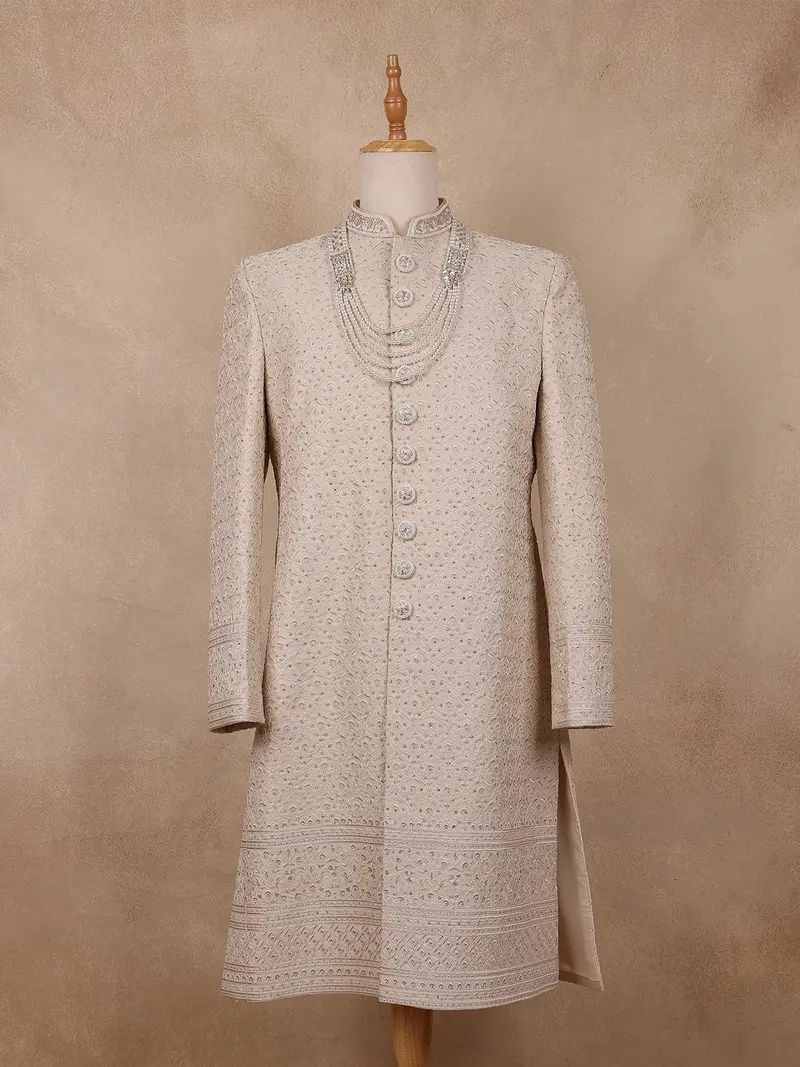 Beige Floral Embroidered Design Satin Sherwani Suit 1