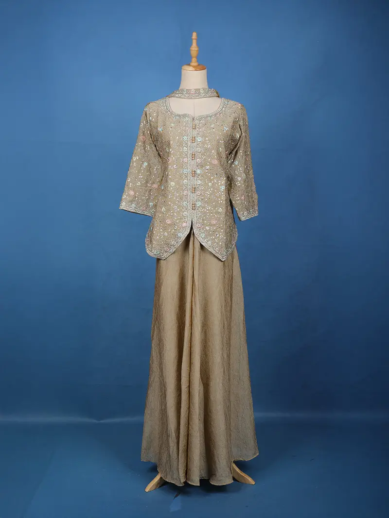 Beige Floral Embroidered Design Tussar Palazzo Suit 1