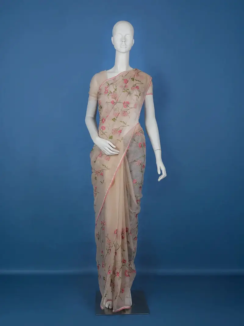 Beige Floral Embroidered Kota Cotton Saree 1