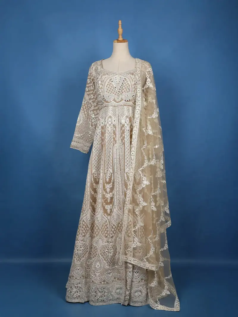 Beige Floral Embroidered Net Lehenga 1