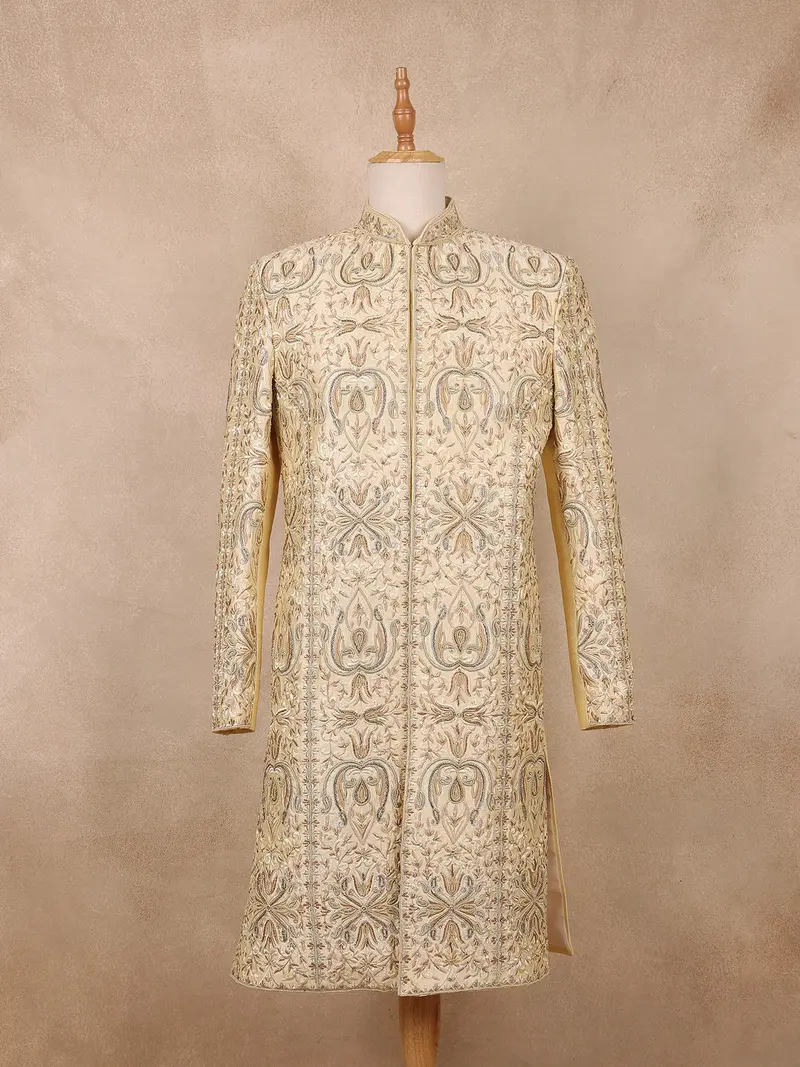 Beige Floral Embroidered Raw Silk Sherwani Suit 1