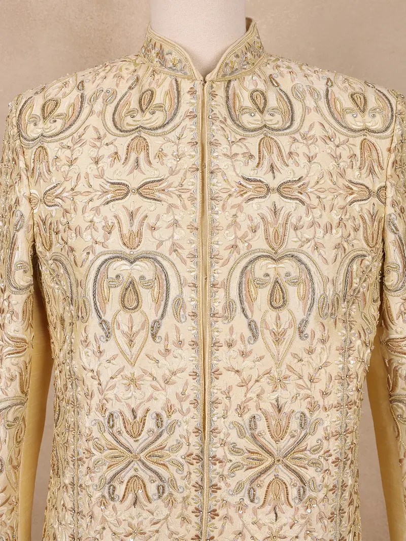 Beige Floral Embroidered Raw Silk Sherwani Suit 2
