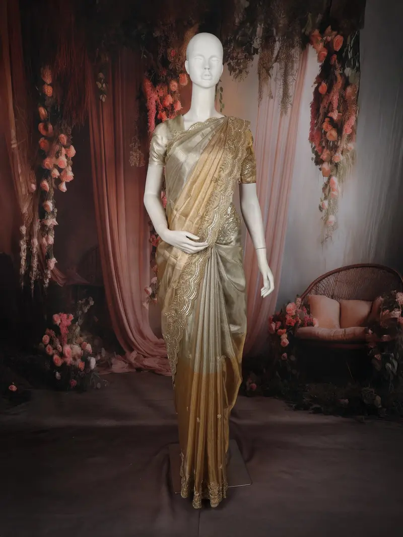 Beige Floral Embroidered Tissue Silk Saree With Scalloped Border 1