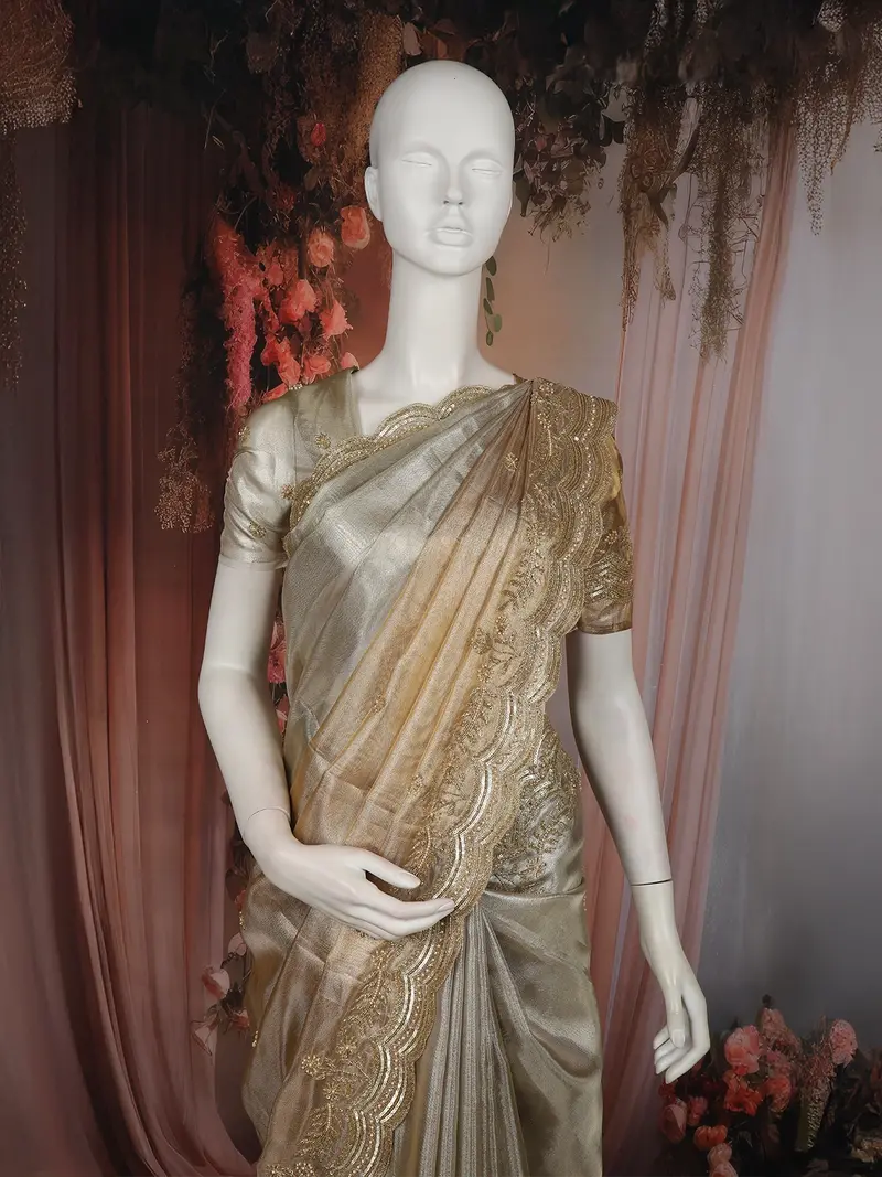 Beige Floral Embroidered Tissue Silk Saree With Scalloped Border 2