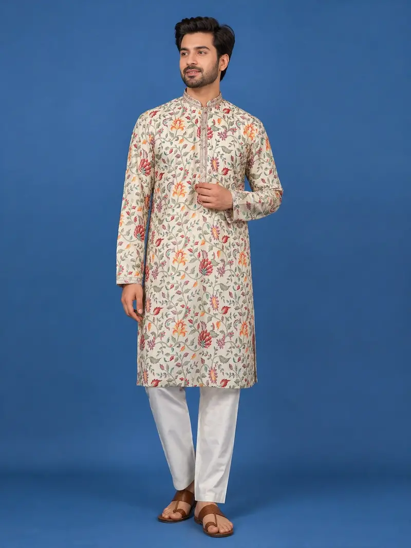 Beige Floral Embroidery Cotton Kurta Set With Pant 1
