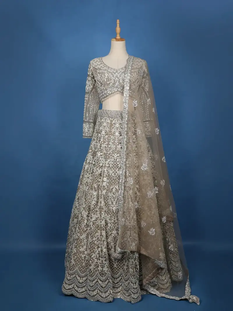 Beige Floral Embroidery Net Lehenga 1