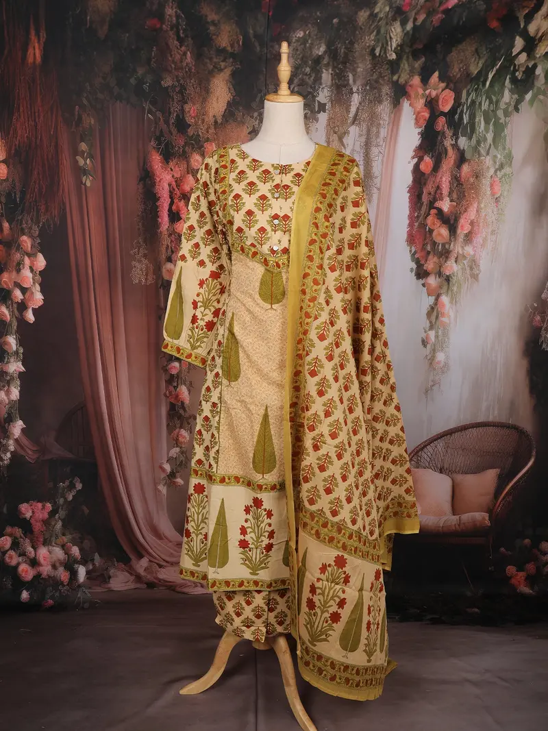 Beige Floral Print Cotton Salwar With Dupatta 1