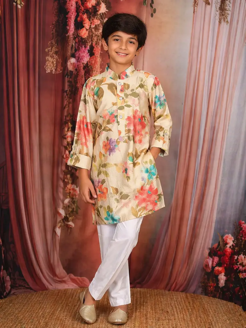 Beige Floral Printed Cotton Kids Kurta Set 1
