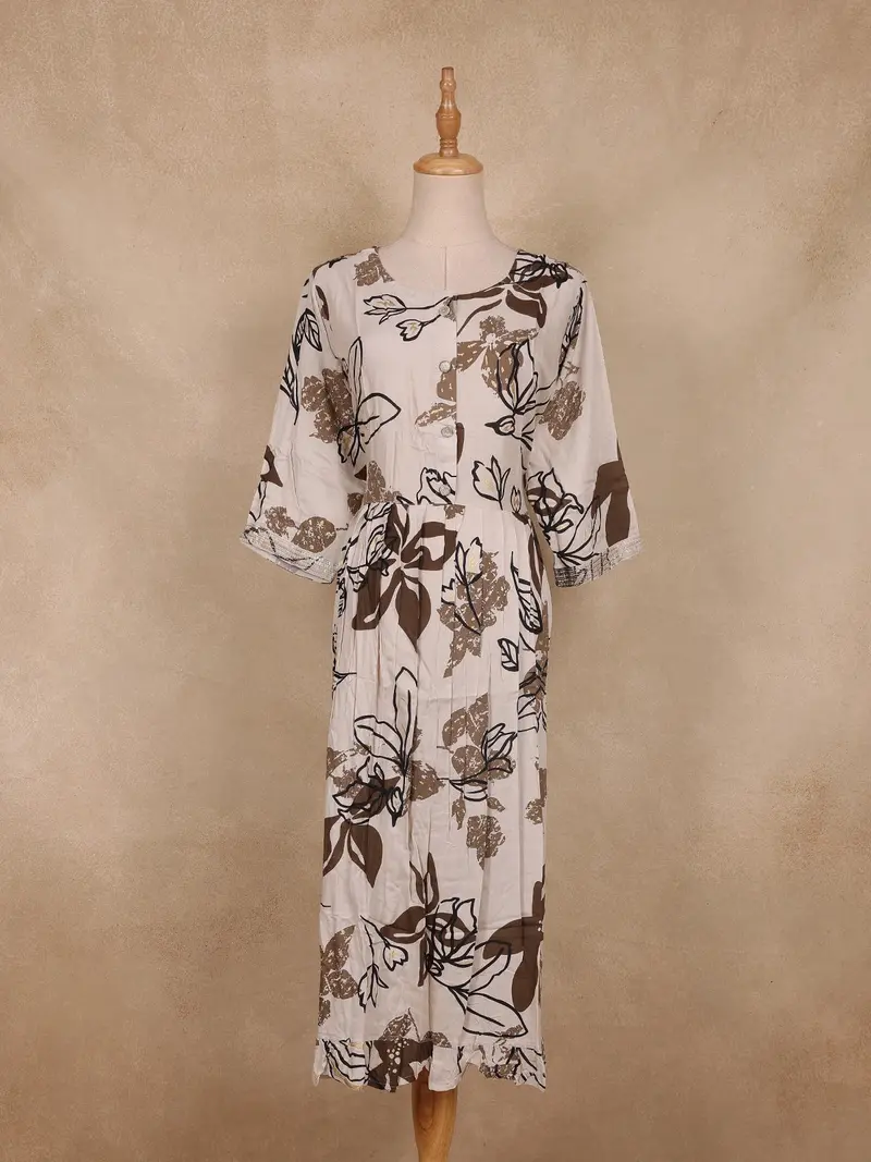 Beige Floral Printed Cotton Kurti 1