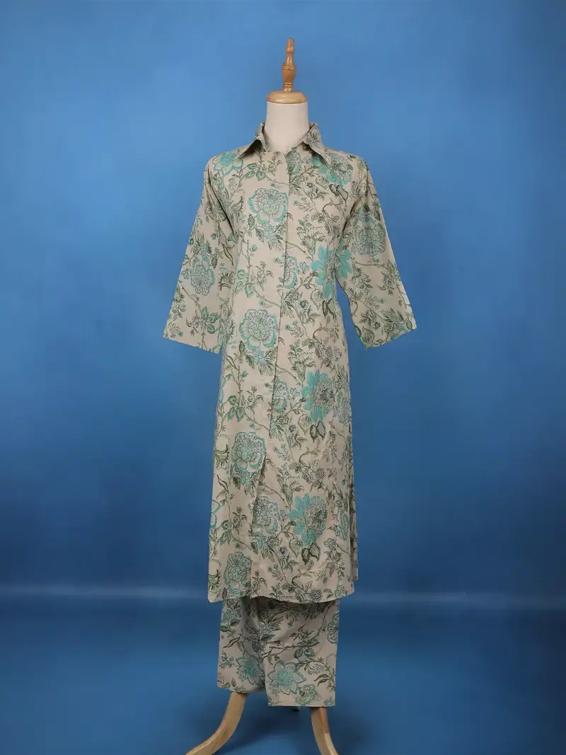 Beige Floral Printed Cotton Salwar Suit 1
