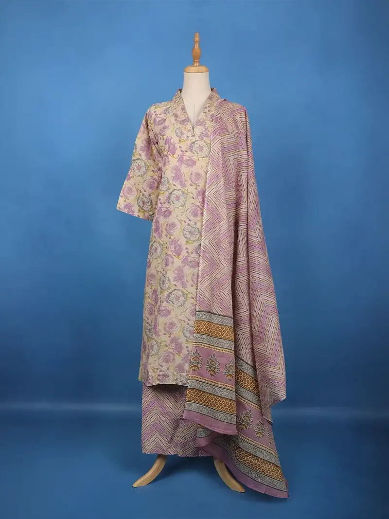 Beige Floral Printed Cotton Salwar Suit 1