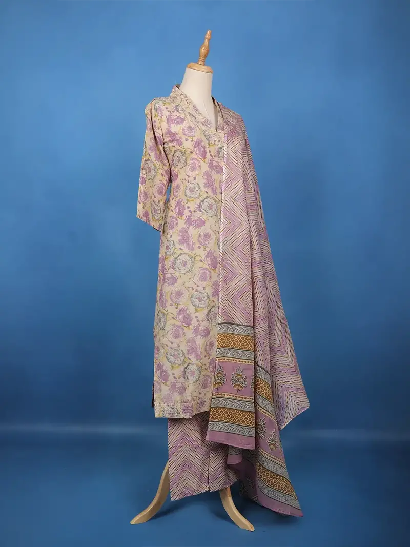 Beige Floral Printed Cotton Salwar Suit 3