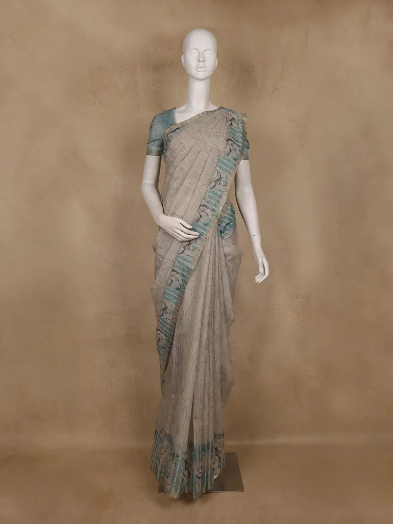Beige Floral Printed Cotton Saree With Teal Striped Border 1