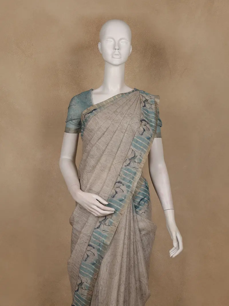 Beige Floral Printed Cotton Saree With Teal Striped Border 2