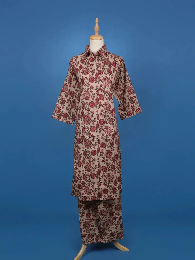 Beige Floral Printed Cotton Shirt Collar Salwar Suit Set 1