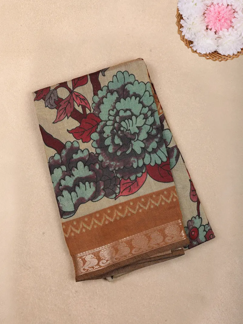 Beige Floral Printed Design Chanderi Cotton Saree With Contrast Zari Woven Border 1