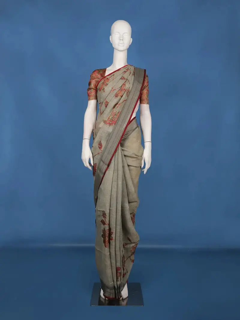 Beige Floral Printed Design Pure Cotton Saree 1