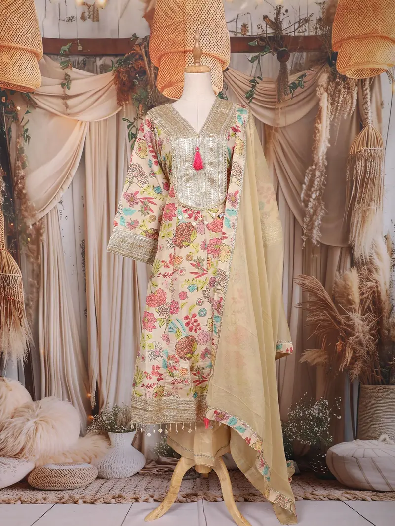 Beige Floral Printed Design Tissue Silk Anarkali Salwar Suit 1